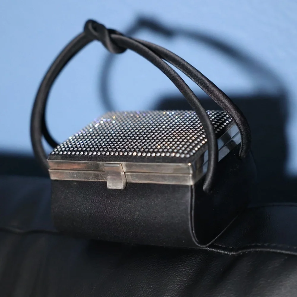 Vintage La Regale black wristlet sparkly top & mirror purse clutch